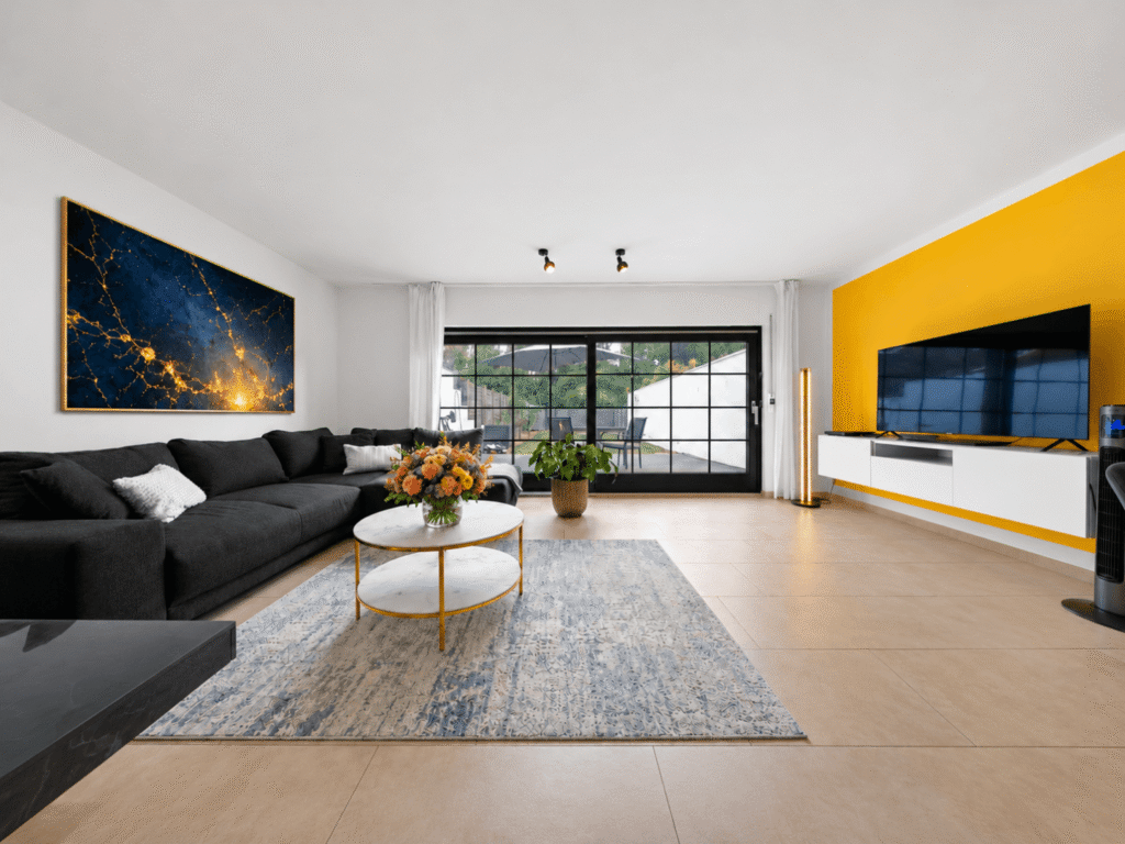 Modernes Wohnzimmer mit Gartenblick