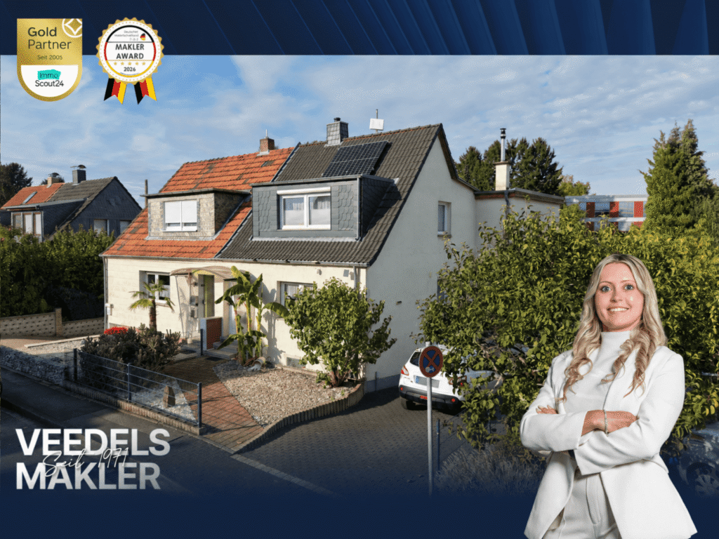 Saubere Immobilienwerbung mit Haus und Maklerin